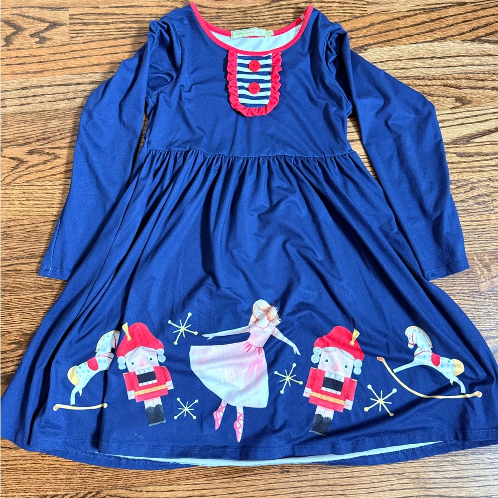 Girls Navy Long-Sleeve Nutcracker Print Dress